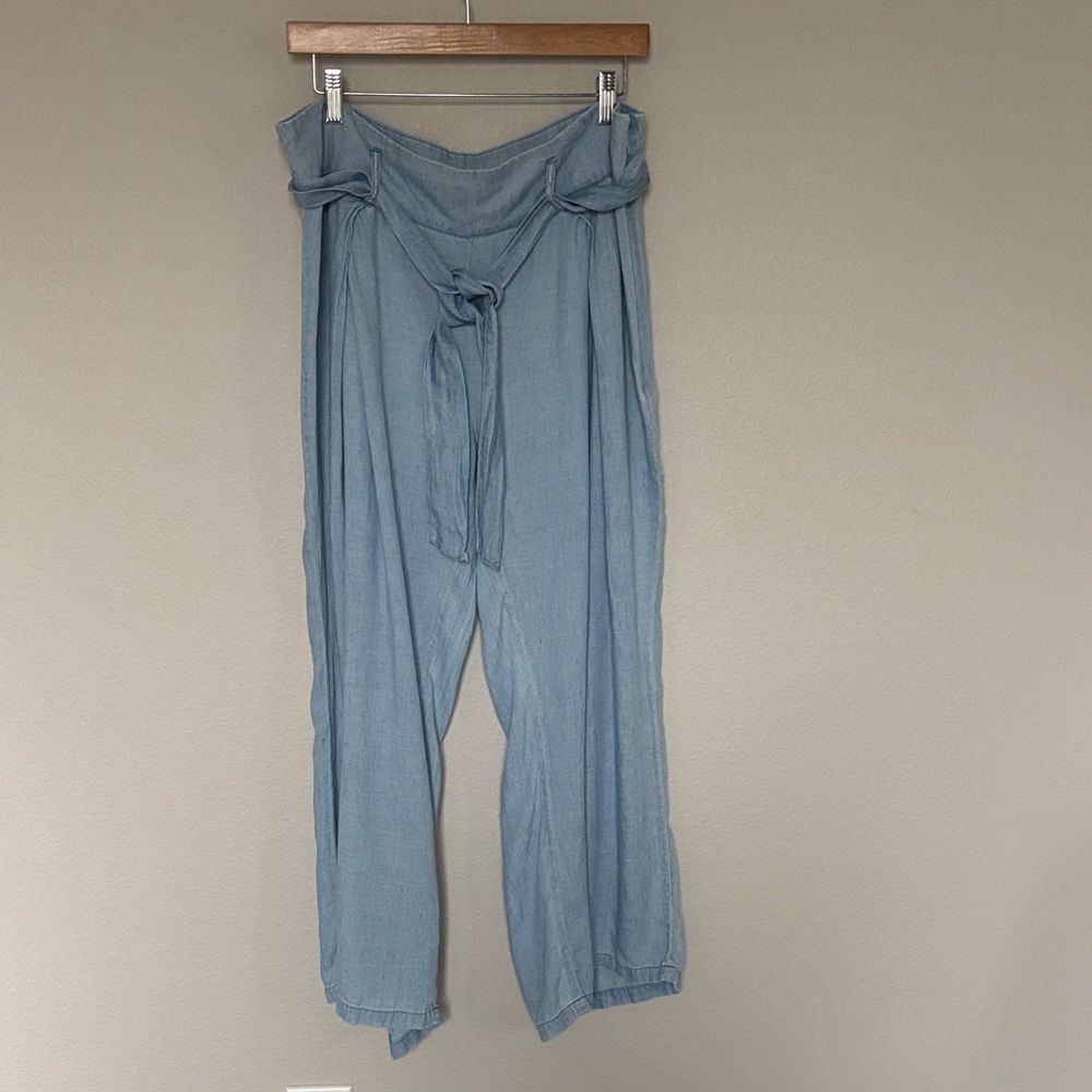 Billy T Women's Flowy Wide Leg Chambray Light Blue Pants Linen Blend Size XL
